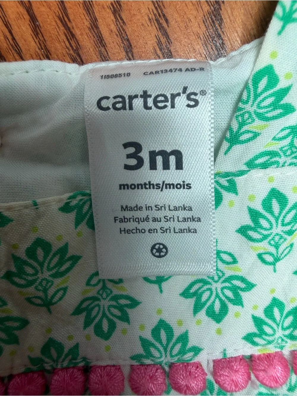 3M Carter's Green Floral Baby Dress with Pink Trim